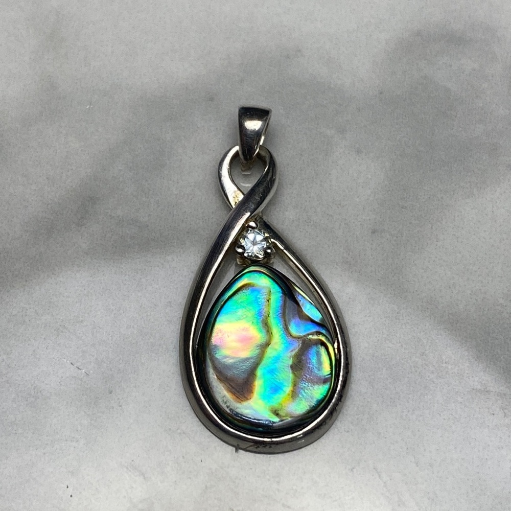 Abalone pear‎ & round sterling silver CZ pendant 925